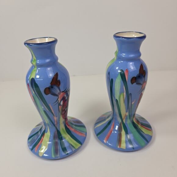 Mexican Hand Painted Candle Sticks 6 Inch Blue Set of 2 Art Pottery Vintage 2001 - Picture 4 of 9